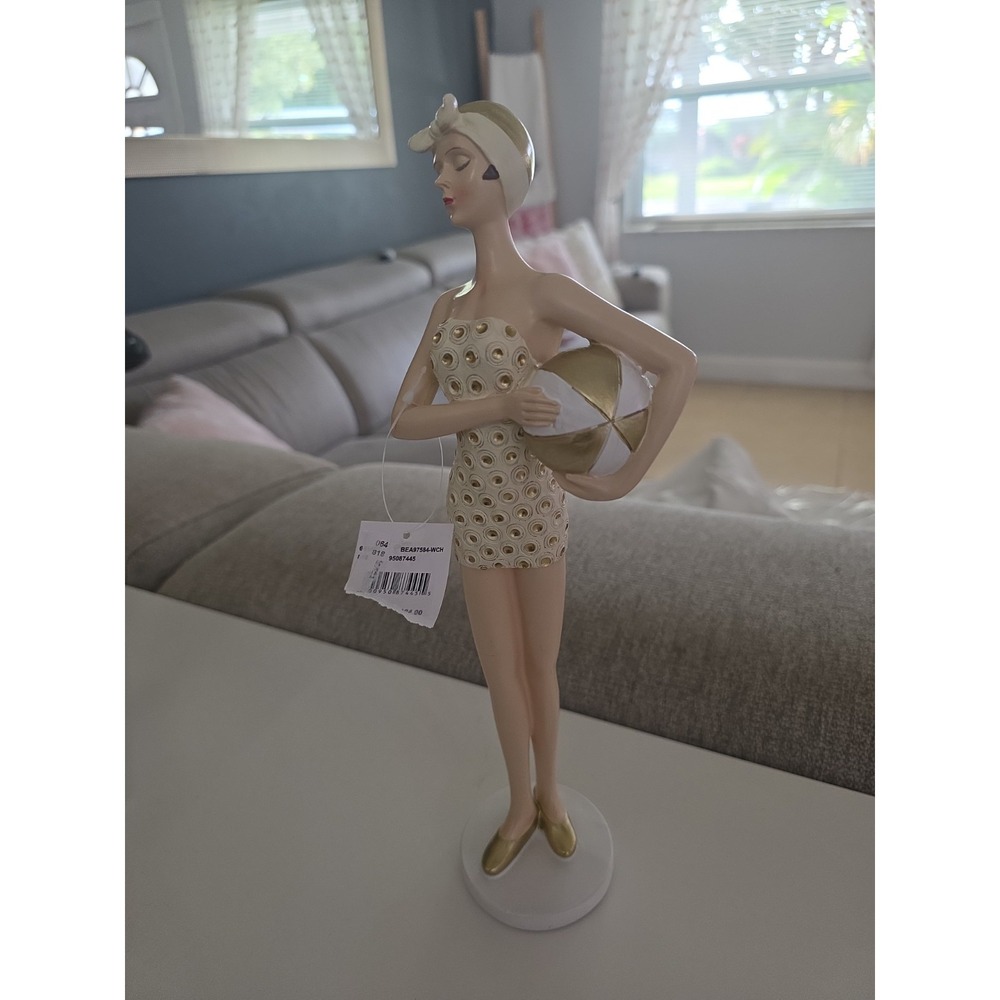 Gold  Beach Lady Bathing Beauty Standing Holding a Ball 13"